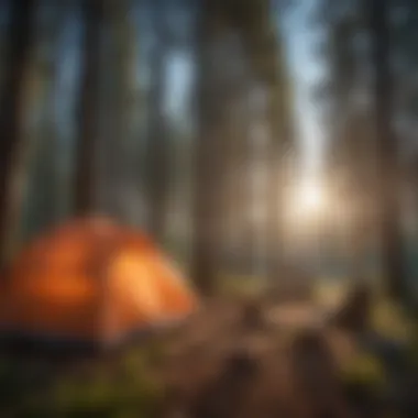 An open campsite with a tent set up under a blue sky