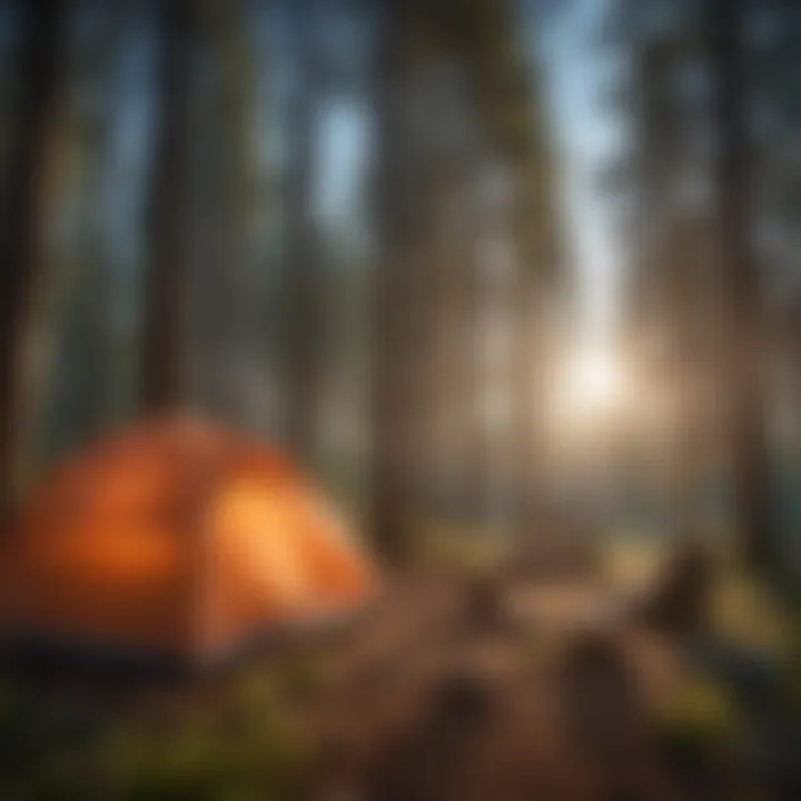 An open campsite with a tent set up under a blue sky