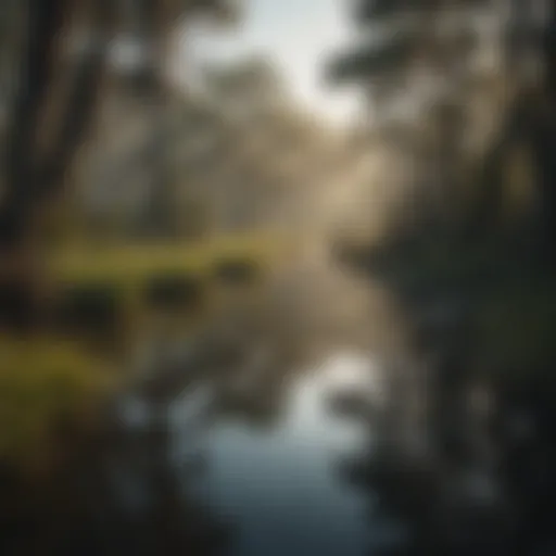 A serene landscape depicting Louisiana wetlands teeming with wildlife