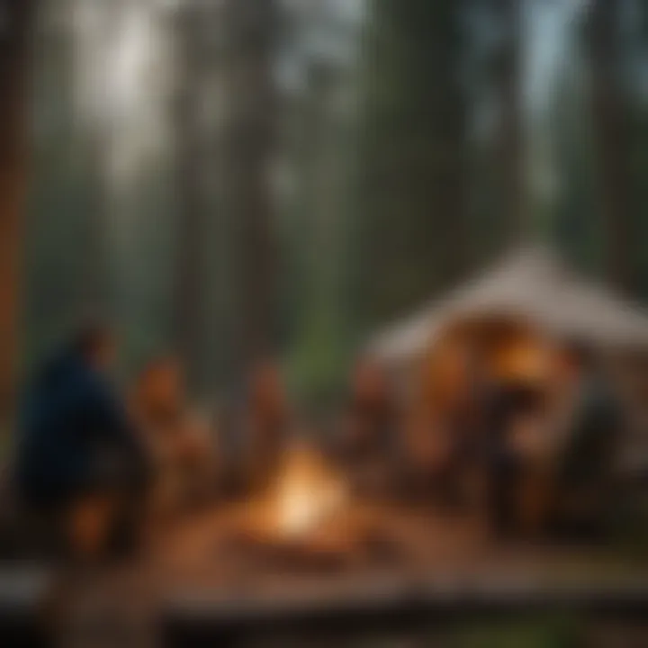 Group of friends enjoying a campfire near a yurt