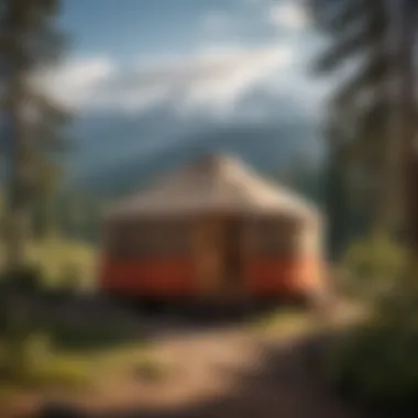 Scenic view of a yurt against a backdrop of mountains and trees