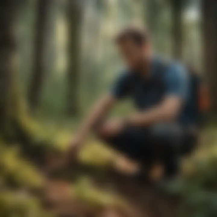 Forestry professional examining plants in a woodland area