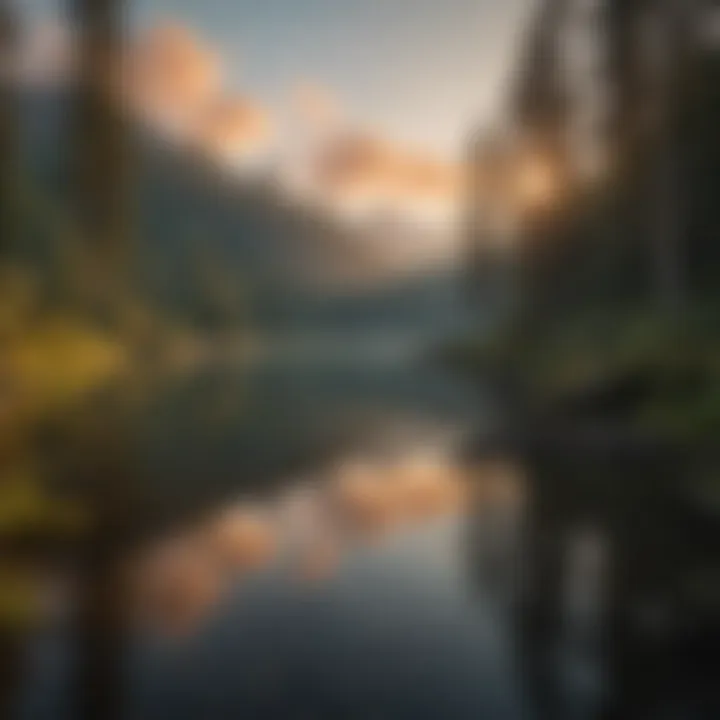 A tranquil lake reflecting the surrounding mountains during sunset