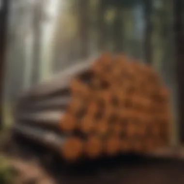 A serene outdoor scene with lumber stacked under a shaded area, demonstrating ideal conditions for air drying.