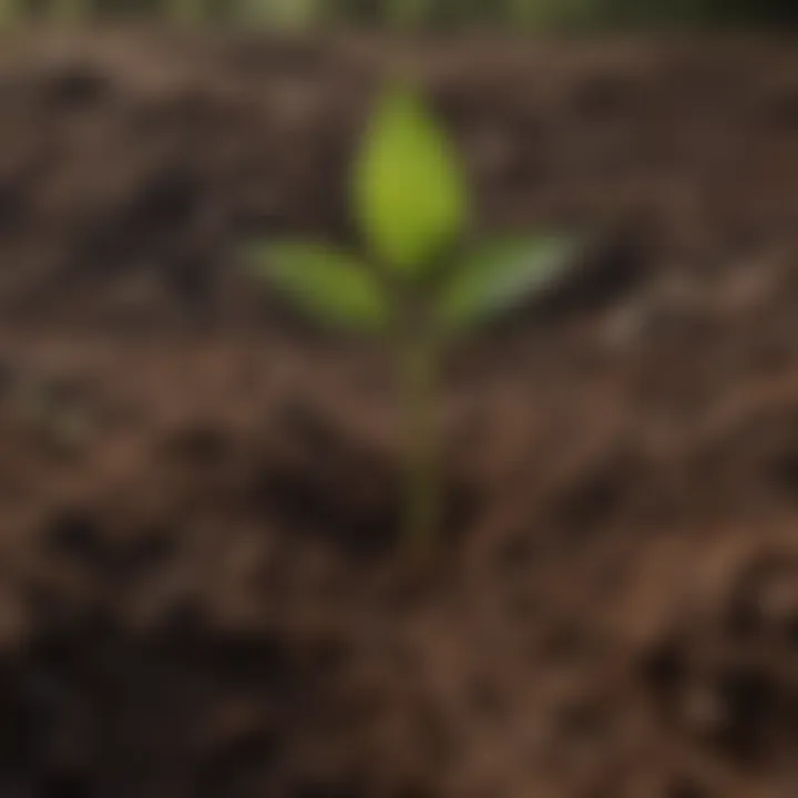 Close-up of a small sapling being planted in rich soil