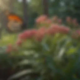 Vibrant milkweed flowers attracting monarch butterflies.
