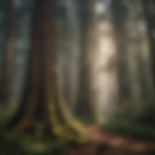 A majestic redwood forest showcasing towering trees and lush undergrowth.
