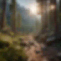 A panoramic view of rugged terrain showcasing a variety of trees