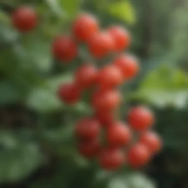 Close-up of ripe salmon berries on a bush