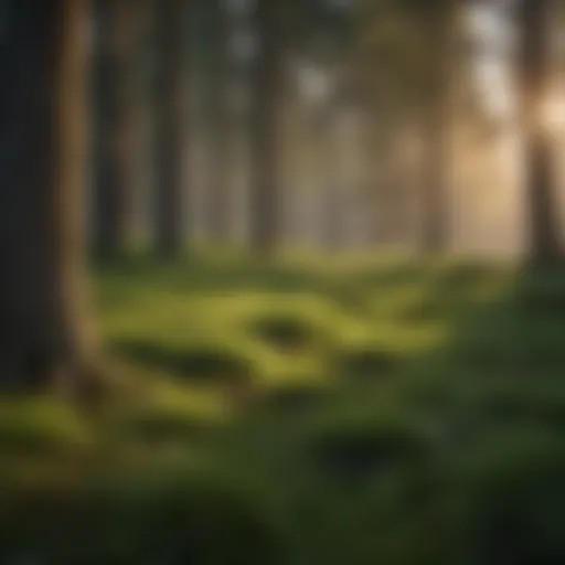 Lush grass growing under the shade of tall pine trees