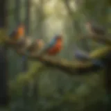 A diverse group of songbirds perched on branches