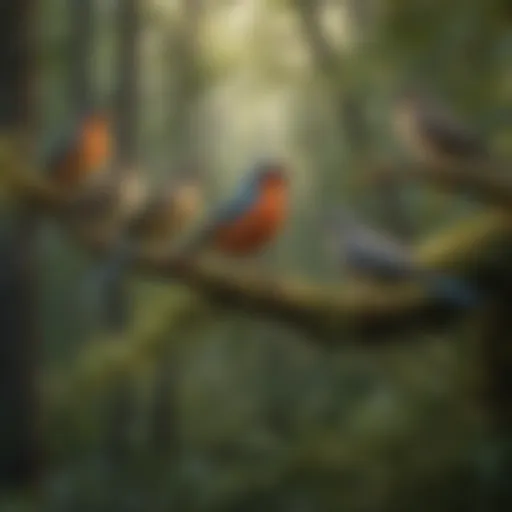 A diverse group of songbirds perched on branches