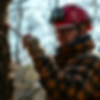 A skilled arborist performing the pollarding technique on a tree
