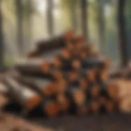 A stack of seasoned firewood drying in a sunny outdoor setting