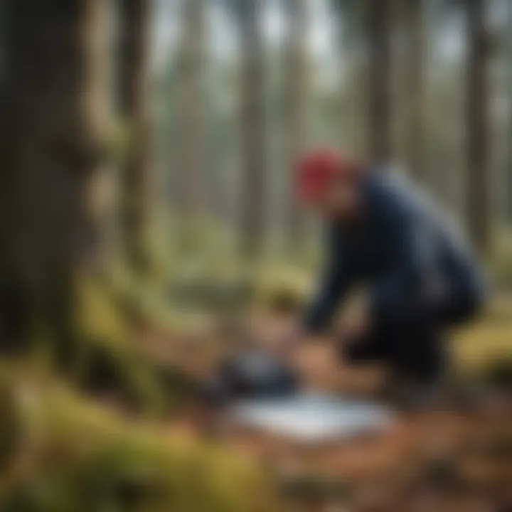 A professional examining a forest plot with a digital mapping device.