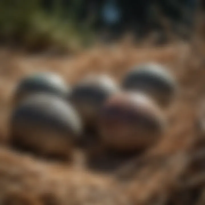 A close-up of emu eggs nestled in straw, highlighting their unique texture and color.