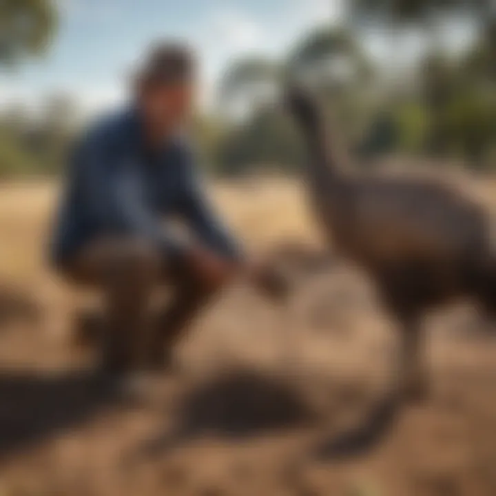 A farmer inspecting emu feed, depicting the importance of nutrition in emu farming.