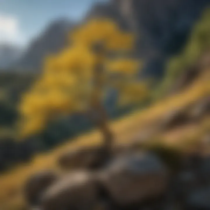 A ginkgo tree standing tall against a backdrop of Colorado mountains