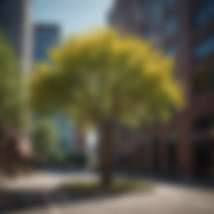 Ginkgo tree in an urban setting surrounded by modern architecture