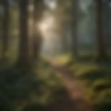 A serene forest landscape with sunlight filtering through the trees