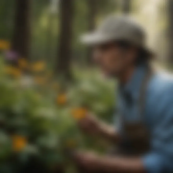 A conservationist observing butterflies in a flower-rich environment