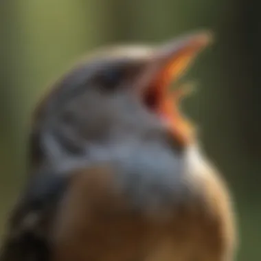 A close-up of a songbird's beak while it is singing, highlighting its vocal apparatus.