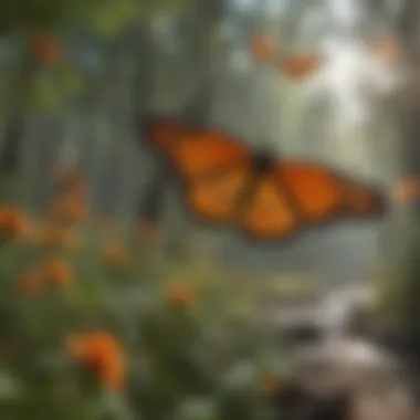 Monarch butterflies in flight over diverse landscapes