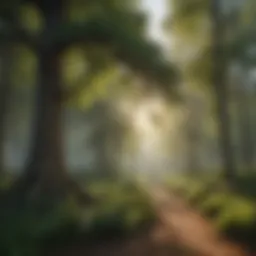 A serene landscape showcasing a variety of tree species in a forested area.