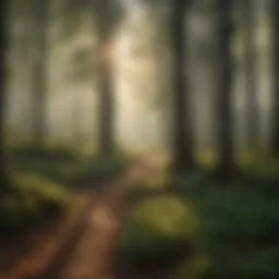 A serene forest landscape during sunrise, showcasing the calmness of nature.