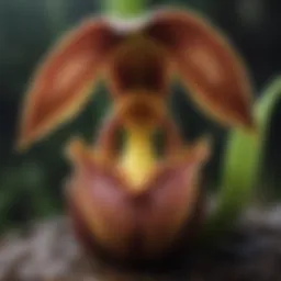 A close-up of a slipper orchid showcasing its unique flower structure