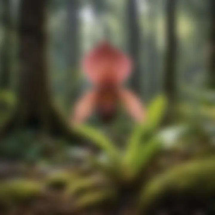 Natural habitat of the slipper orchid in a lush forest environment