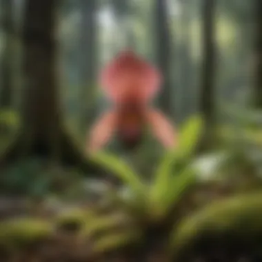 Slipper Orchid in its Natural Ecosystem Natural habitat of the slipper orchid in a lush forest environment