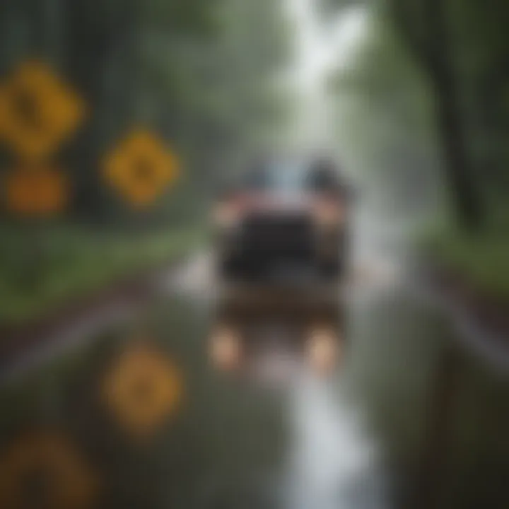 A flooded road with caution signs indicating dangerous conditions