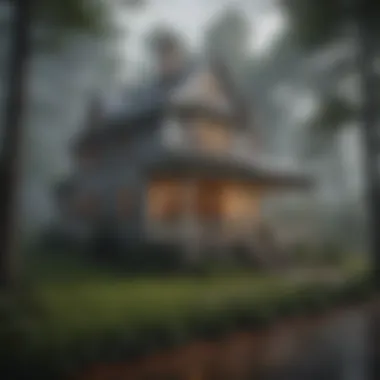 A house with storm shutters secured against heavy rain and wind