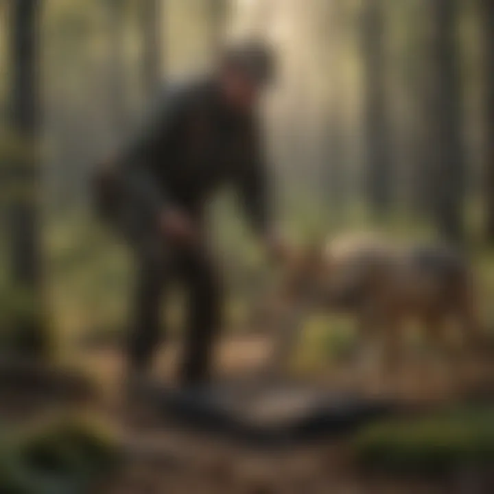 A wildlife manager inspecting a coyote trap ensuring humane practices