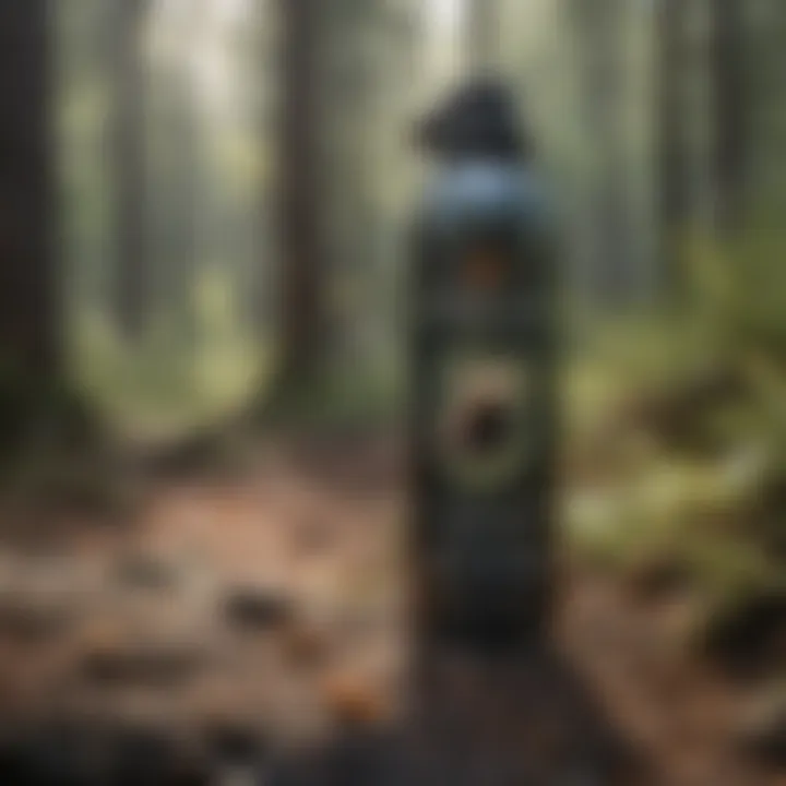 Close-up view of bear attractant spray canister in a natural setting.