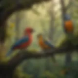 A vibrant scene of various bird species perched on branches, showcasing their unique colors and characteristics.