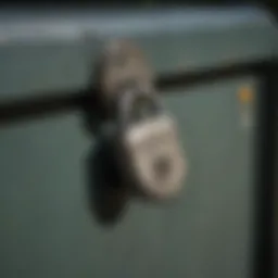 A close-up of a secure dumpster lid lock in an urban setting