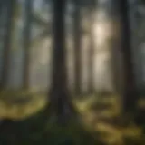 A serene landscape of a grant forest showcasing diverse tree species.