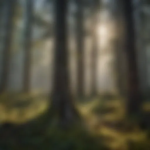 A serene landscape of a grant forest showcasing diverse tree species.