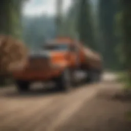 Logging truck trailer transporting timber