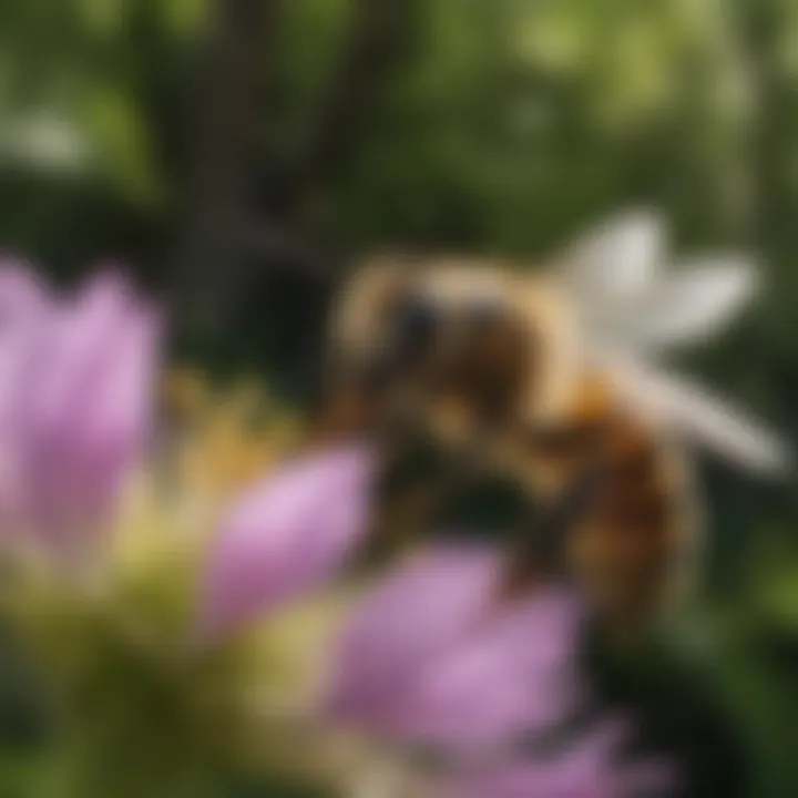 A close-up view of a bee collecting nectar from a wildflower surrounded by lush greenery.