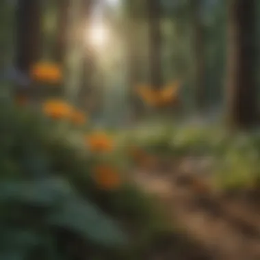 Pollinators at Work in Forest Ecosystems A diverse array of pollinators interacting with flowering plants in a forest setting.