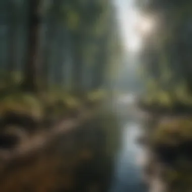 Water Quality Affected by Pollution A river flowing through a forest, showcasing pollution effects on water quality