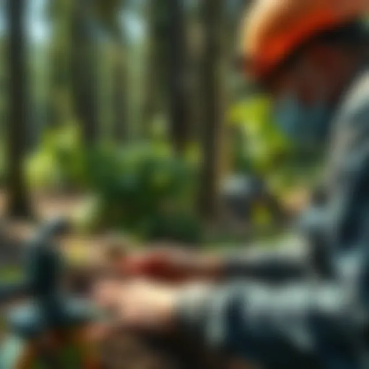 Researcher measuring topsoil density in a forest setting