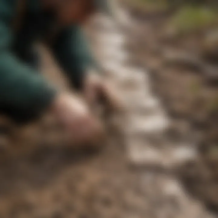 Close-up of wildlife technician studying animal tracks in the mud