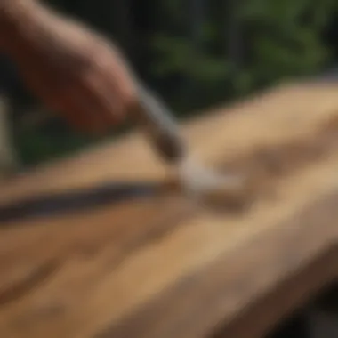 An artisan applying water lock wood finish with a brush on a rustic wooden table.