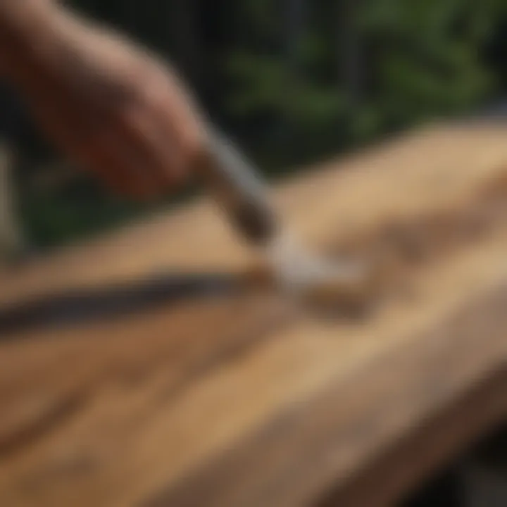 An artisan applying water lock wood finish with a brush on a rustic wooden table.