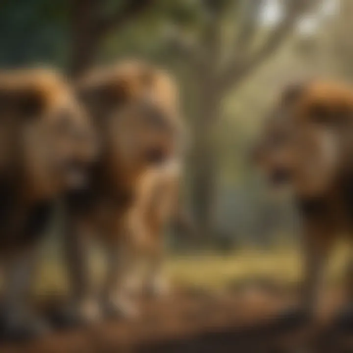 Group of male lions interacting, emphasizing social behavior and hierarchy.