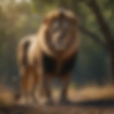 A majestic male lion standing in the savannah, showcasing its muscular build.